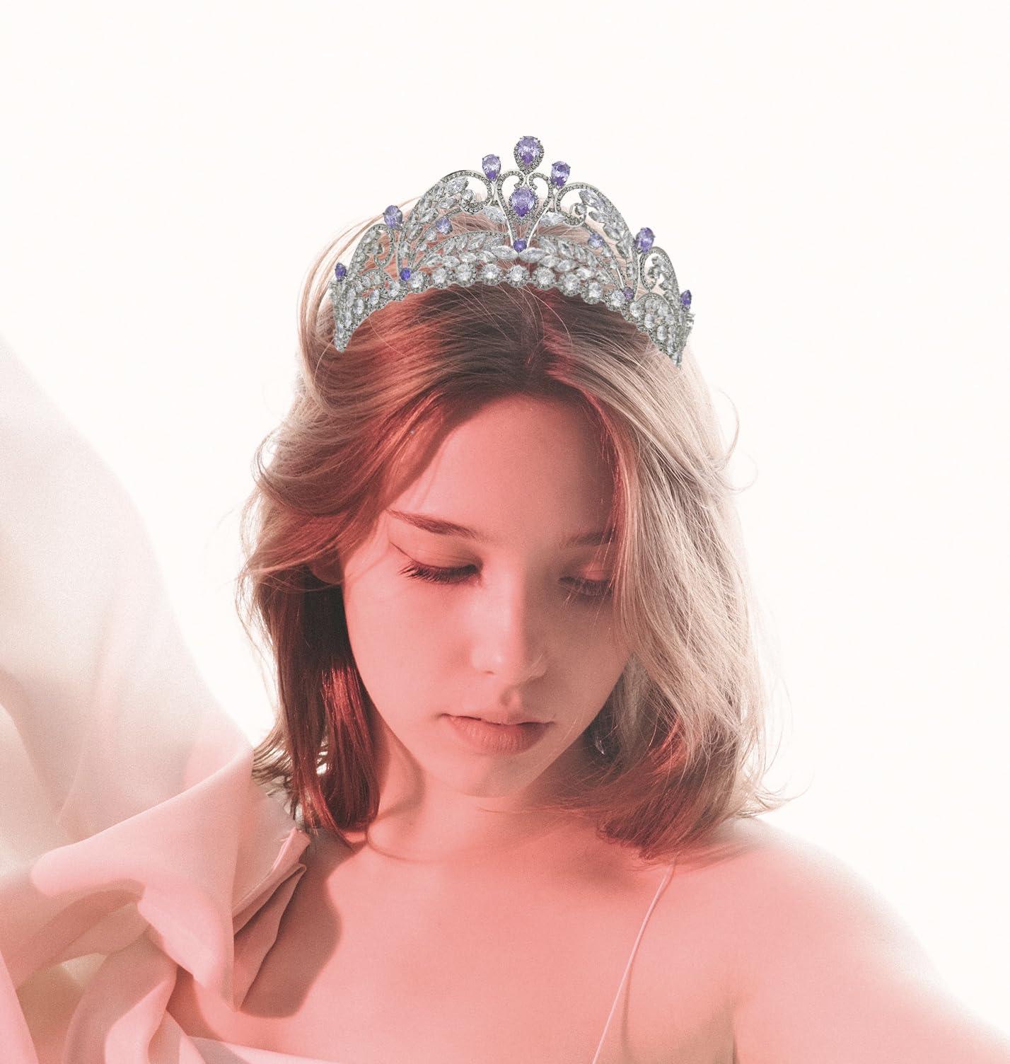 QXMYOO Light Purple Quinceanera Crowns and tiaras lavender Sweet 16 Birthday Crowns for Girls Cubic Zirconia CZ Wedding Headpiece Silver Hair Accessories