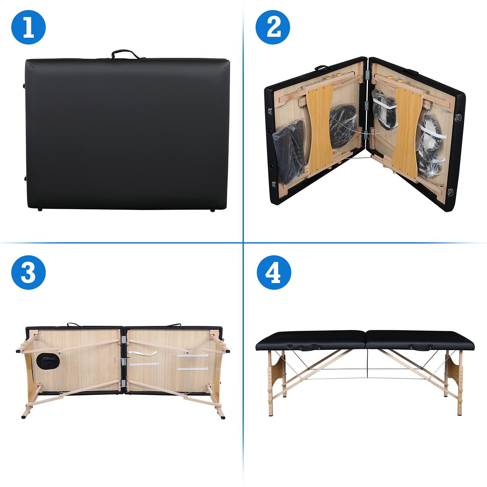 Alivinghome 2 Sections Folding Portable Massage Table Set,Height Adjustable Body and Beauty Massage Bed,Spa Facial Salon Tattoo Bed,Folding SPA Bodybuilding Massage Table (Black Color, 84" x 27.56" x 33.46")
