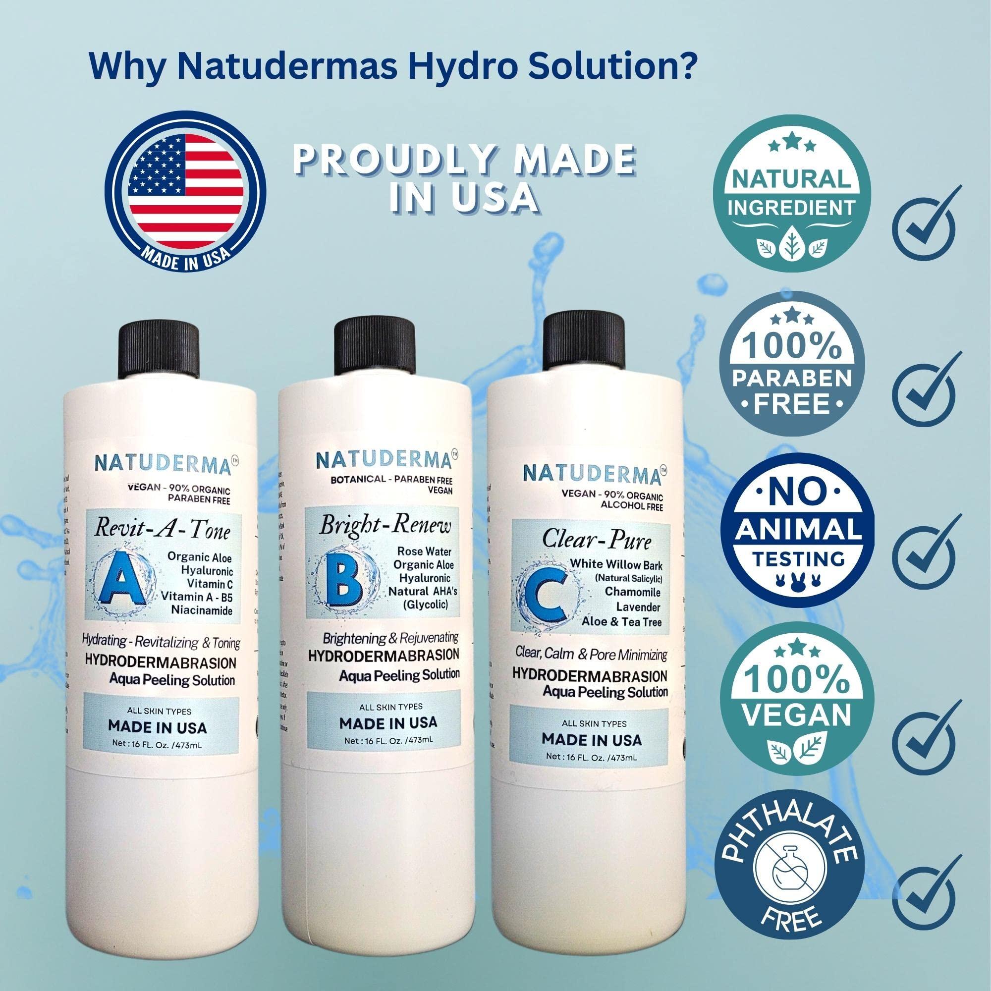 NATUDERMA Hydrodermabrasion Solution, Aqua Peeling Serum, Solution for Wet Microdermabrasion, 3 bottles of 16 oz each, Natuderma Hydro Serum. MADE IN USA