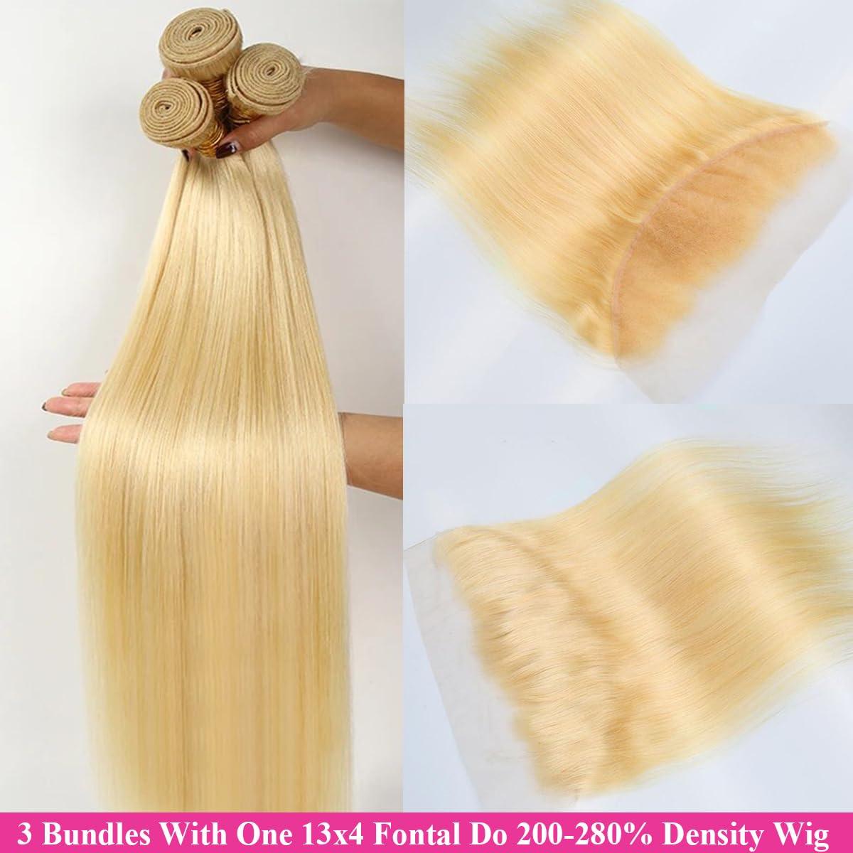 Binlvexin 613 Blonde Bundles Human Hair with Closure Frontal Blonde Human Hair 3 Bundles with 13x4 HD Frontal Closure 222426+20 613 Frontal Blonde Brazilian Virgin Straight Human Hair Weave