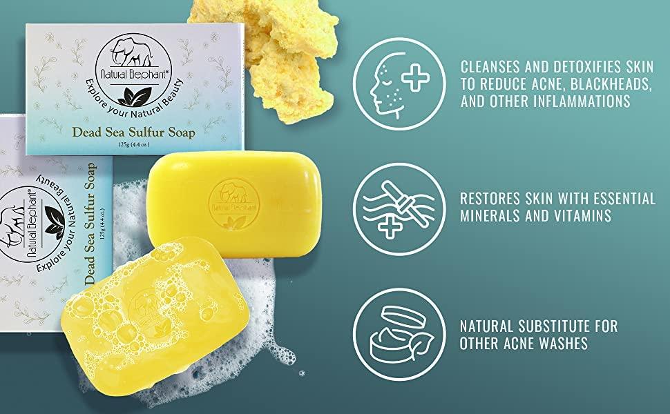Natural Elephant Natural Elephant Dead Sea Sulfur Soap 4.4 oz with Dead Sea Salt, Aloe Vera, Sulphur Face and Body Cleanser Bar for All Skin Types (10 Pack (44 oz Total))