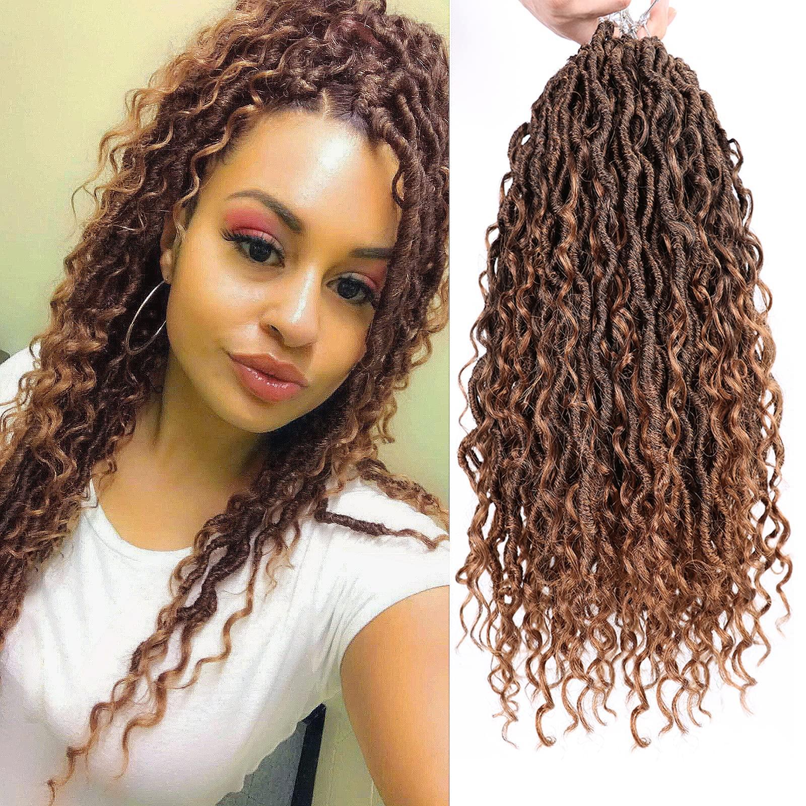 Aeagoo Goddess Locs Crochet Hair 14 Inch 7 Packs Curly Faux Locs Crochet Hair with Curly Ends River Locs Crochet Hair for Black Women Crochet Braids with Curly Ends (14 Inch, 7 Packs, T1B30)