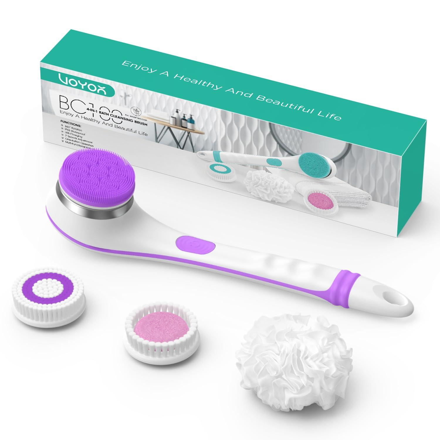 VOYOR VOYOR Electric Body Brush Back Scrubber for Shower Rechargeable Exfoliating Bath Brush Powered Shower Brush with Non-Slip Long Handle Deep Cleansing, Exfoliation, Massaging Spin Brush BC100 (Purple)