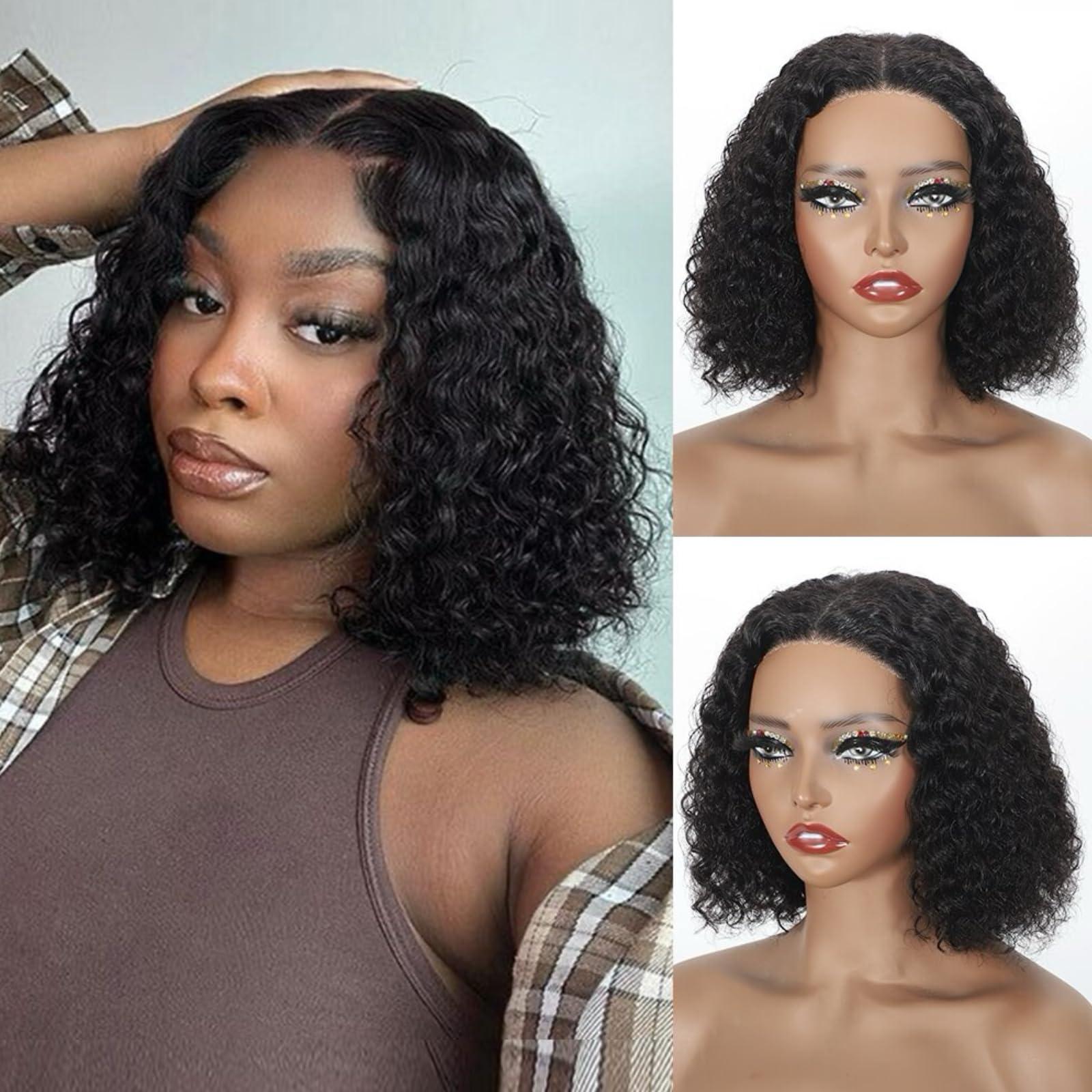 GIESWY GIESWY Curly Bob Wig Human Hair 4x4 Hd Lace Front Wigs Human Hair Wear and Go Glueless Wigs Human Hair Pre Plucked Pre Cut Short Kinky Curly Bob Wigs For Women 200% Density 10 inch