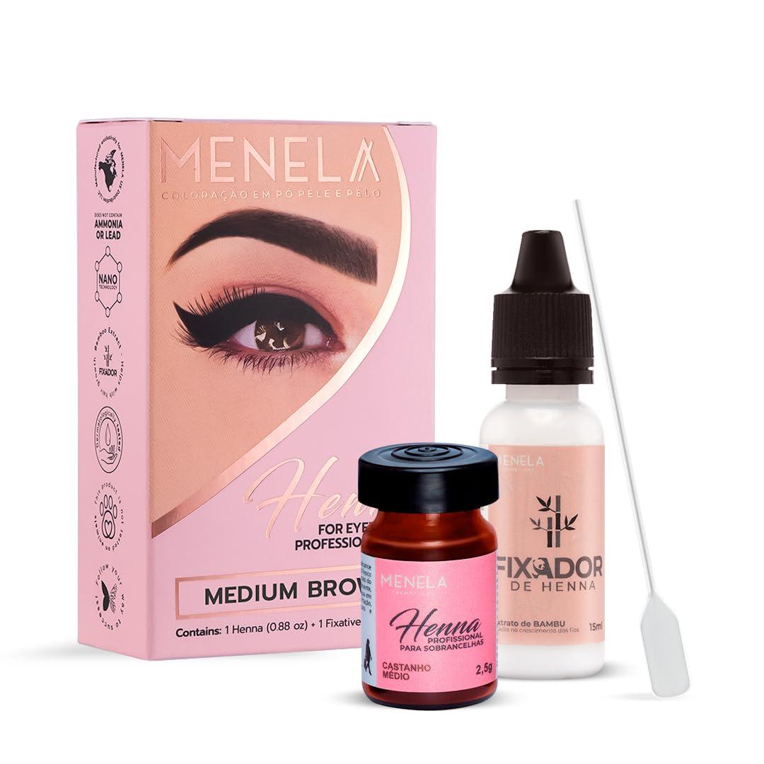 Menela MENELA Eyebrow Henna Tint - Medium Brown Henna Brow Dye with Bamboo Extract for Enhanced, Natural-Looking Brows - 2.5g Henna Powder & 15ml Fixer - Eyebrow Tint Kit