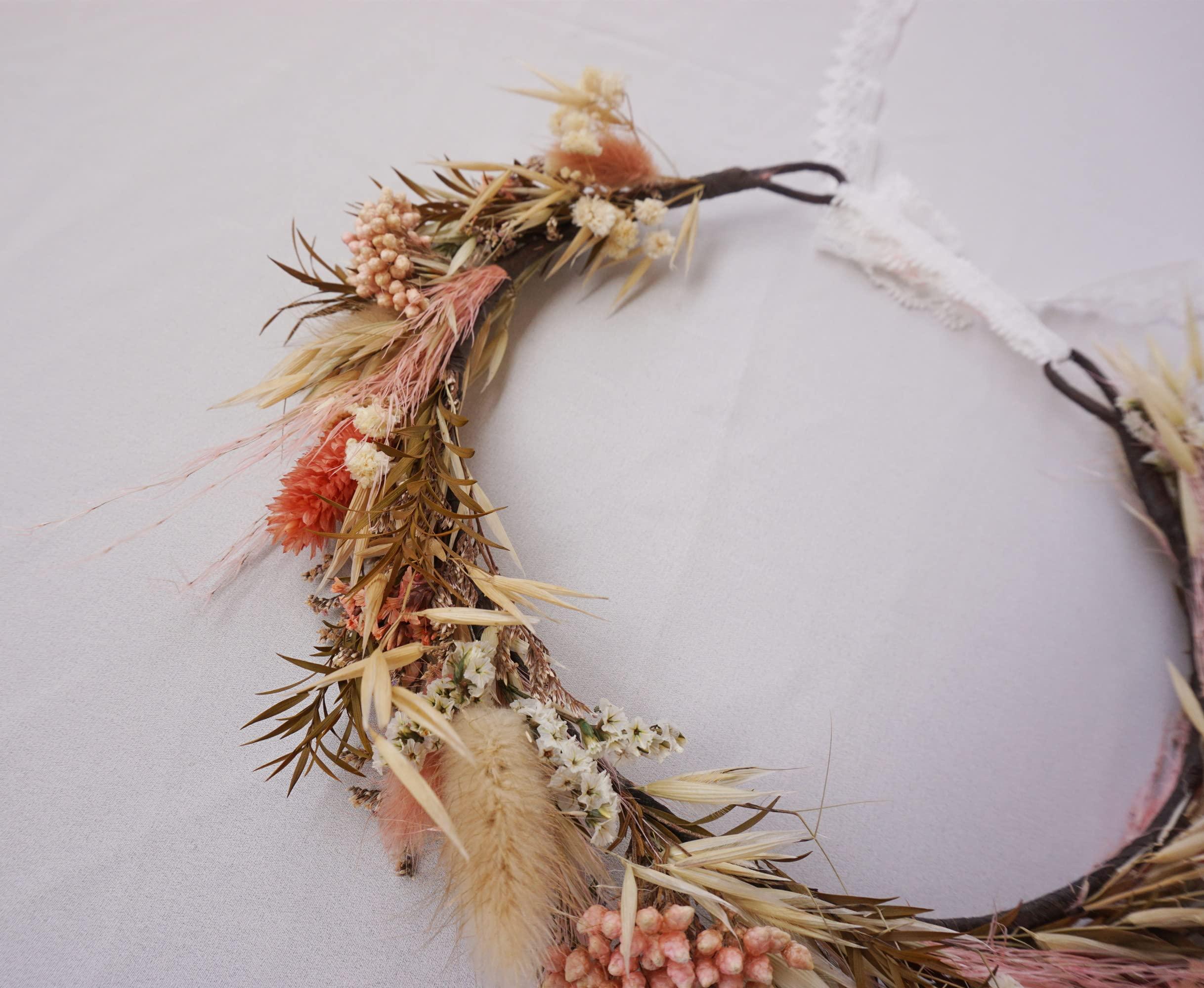 DXXD Autumn Dried Flower Crown - Darling Halo Style Headband in Organic Naturally Dried Flowers in Mustard Yellow, Blush and Cream (Adule)