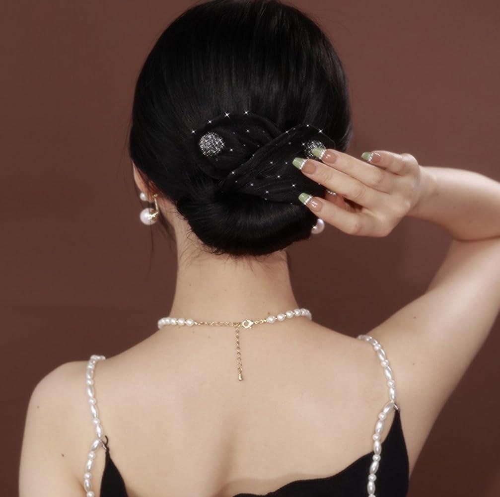 TUPSYBL TUPSYBL Shining Rhinestone Hair Bun Maker Magic Donut Hair Bun Maker Hair Twist Curler Large Buns Shaper Flexible Reusable Bun Lazy Hair Curler French Hairstyle Twist Bun Styler Maker(Black)