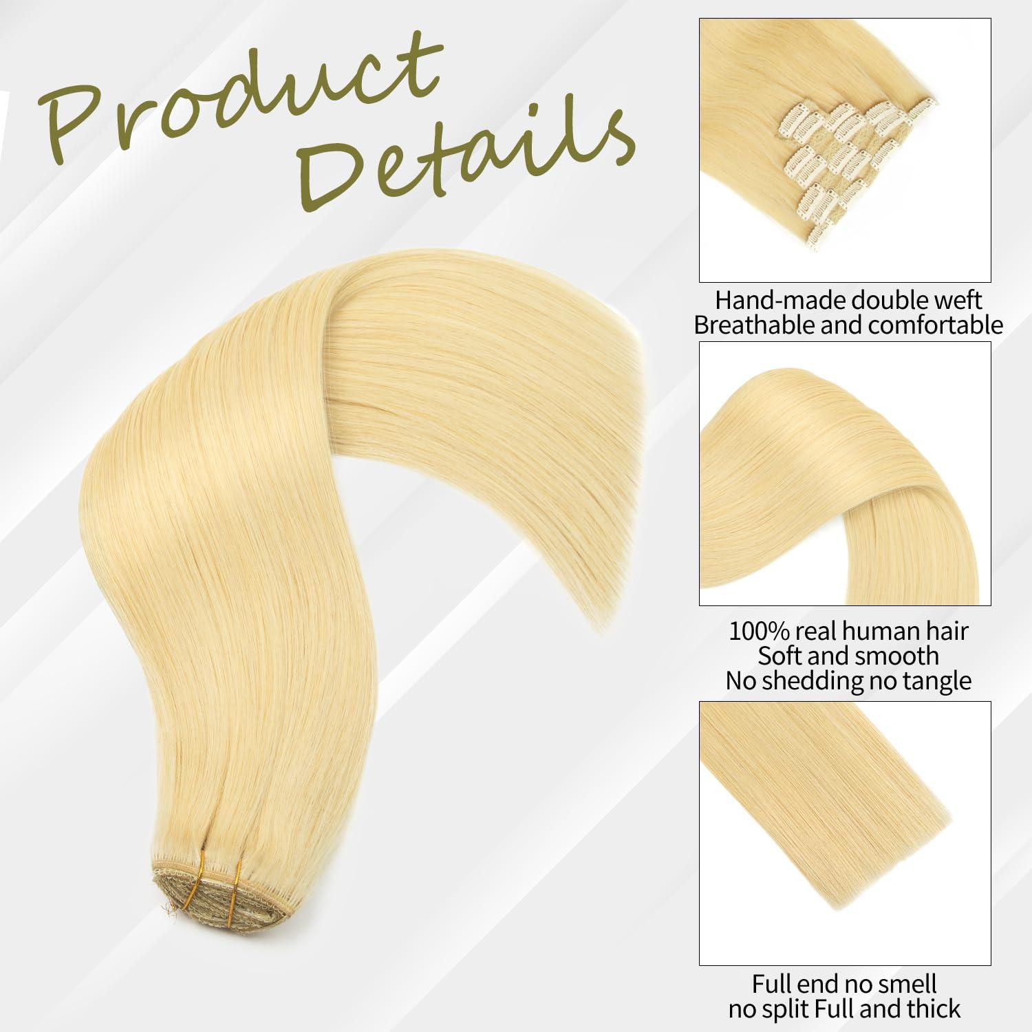 Houlud Blonde Clip in Hair Extensions Real Human Hair Straight 24 Inch 7pcs 120g Clip ins Hair Extensions Brazilian Remy Human Hair 16 Clips Double Weft Human Hair For Women