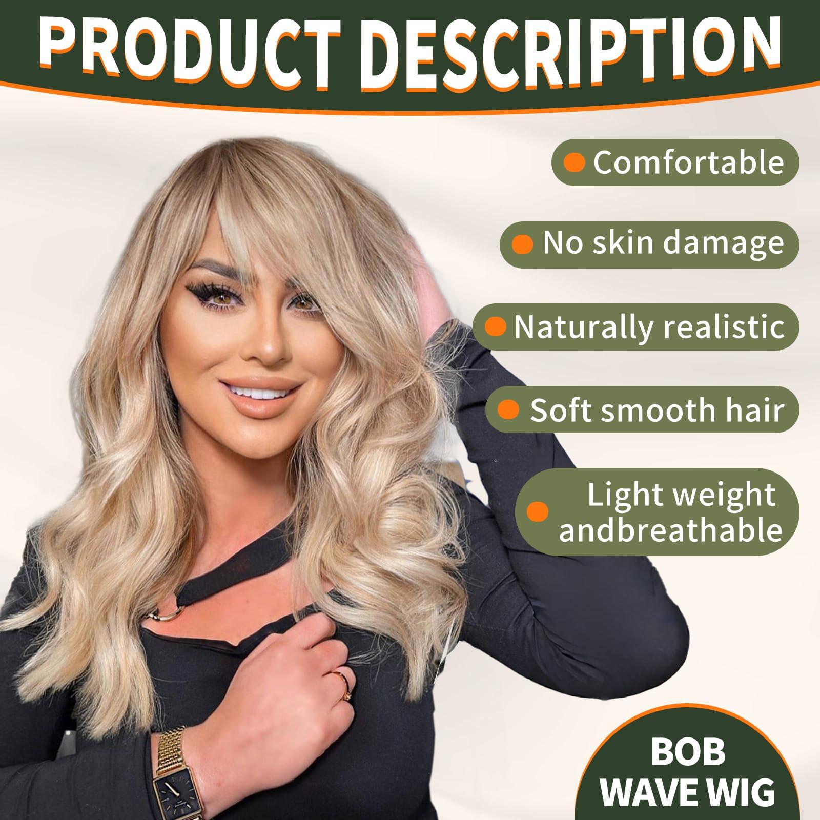KOME KOME Blonde Wig with Bangs,Dirty Blonde Wavy Wigs for Women,Shoulder Length Curly Synthetic Hair Wig for Party Daily Use 18IN