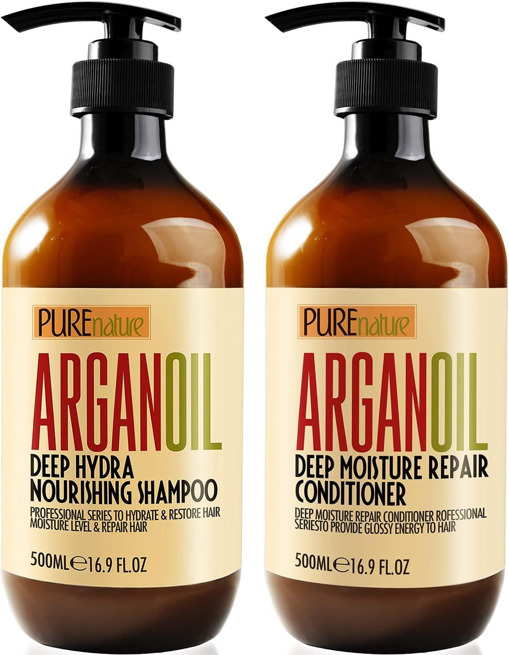 PURE NATURE LUX SPA PURE NATURE Lux Spa Moroccan Argan Oil Shampoo and Conditioner Set, Heat Protectant Spray, Hair Serum with Keratin, Biotin, Rosemary & Castor Oil for Hair Protection, Repair and Shine (3 Count)