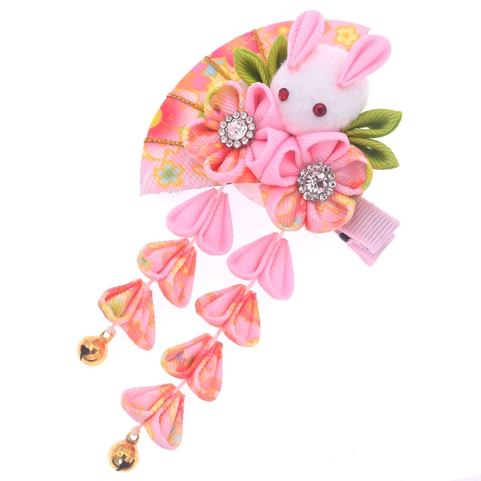 MIAO WU Japanese Hair Clips Kimono Flower HairPin, Women Girls Kimono Hanfu Rabbit Hair Accessories Kanzashi Flower Hair Tie Band Clip Gift (Pink)