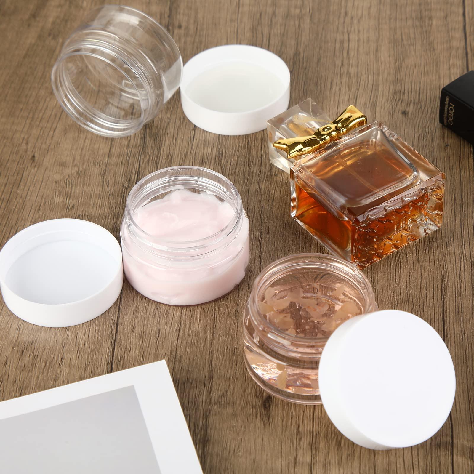 SATINIOR SATINIOR 100 Pcs Plastic Jars with Lids Small Containers Lids Wide Mouth Small Plastic Containers for Lotion Cream Rhinestones Body Butters Travel Storage(2 oz,Clear with White Lid)