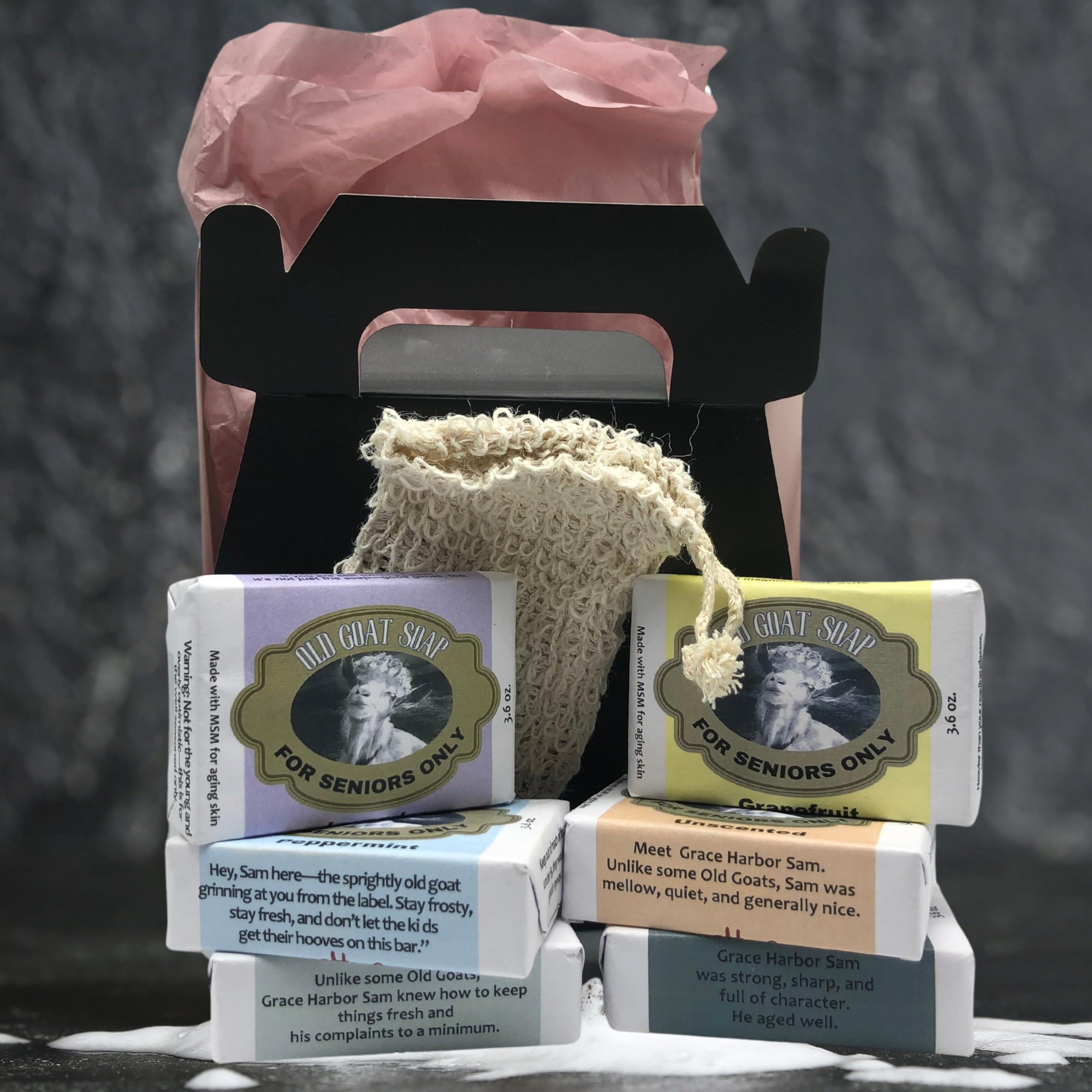 Grace Harbor International Grace Harbor Old Goat Soap Premium Goat Milk Bar Soap with MSM for Aging Skin All Natural Small Batch For Seniors Only Six Pack with Sisal Soap Saver Bag (Unscented 6 Pack)