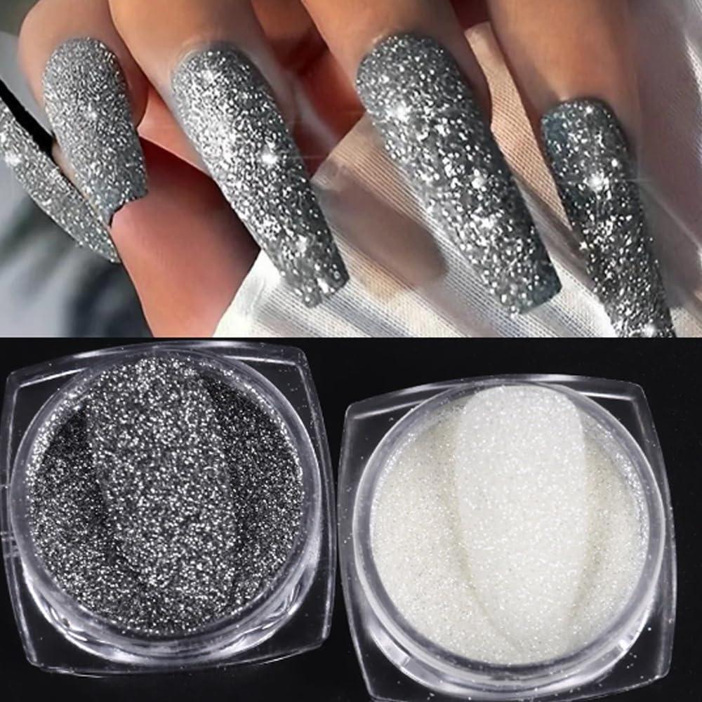 Bellecrey 6pcs White Rainbow Nail Glitter Holographic Shining Nail Glitter Candy Coat Powder Sugar Coating Effect Powder Silver Nail Powder Nail Art Decorations Dust Diamond Dust for Nails