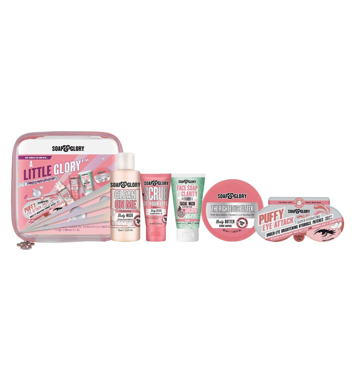 Soap & Glory Soap & Glory A Little Glory Gift Set - Puffy Eye Attack, Clean on Me, Scrub of Your Life, Face Soap & Clarity and The Righteous Body Butter - Holiday Gift Sets in Travel Size (5 Count)