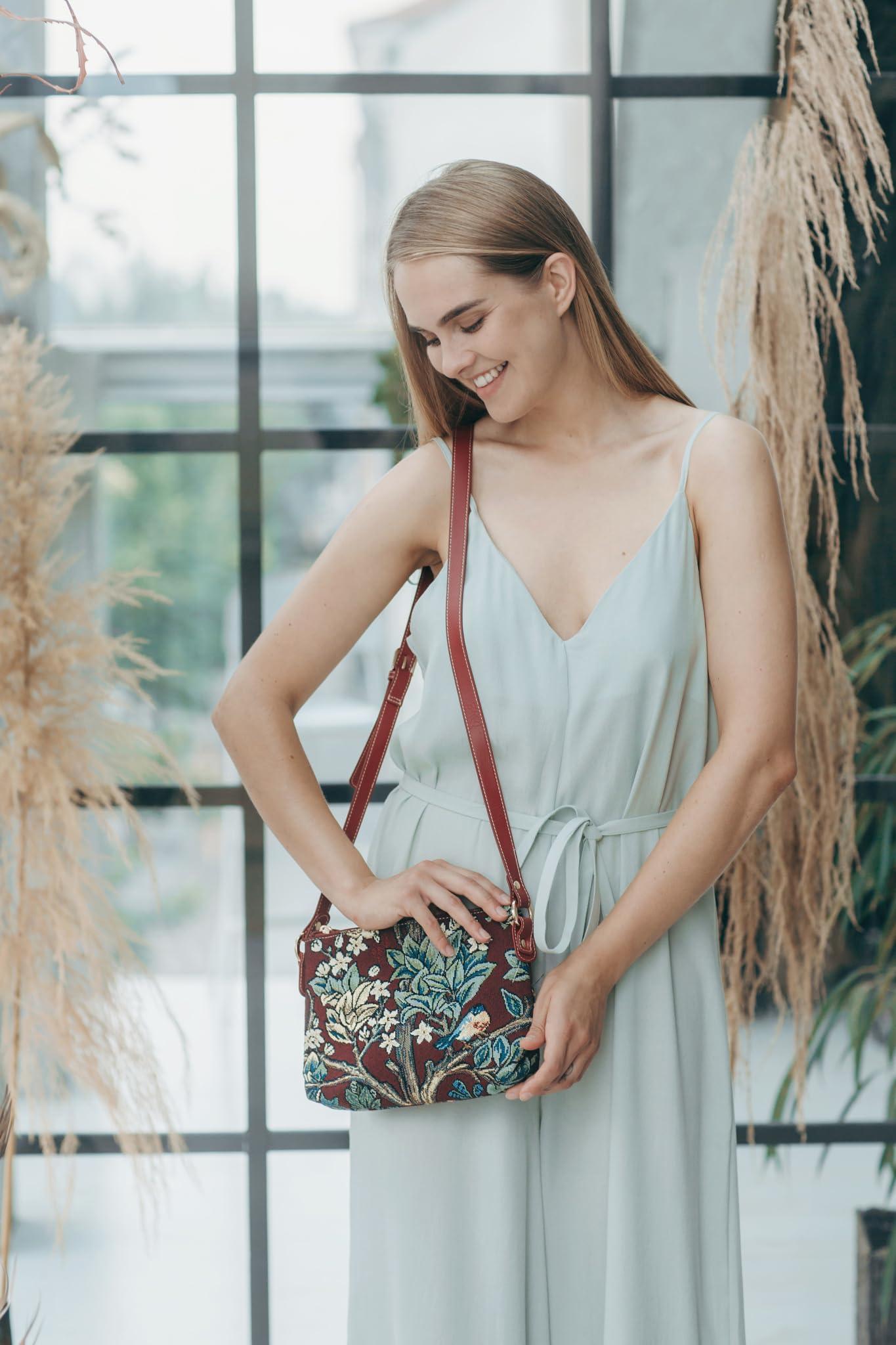 Signare Signare Tapestry Crossbody Bag Shoulder Purse for Women In William Morris Tree of Life in Red (XB02-ART-WM-TLRD)