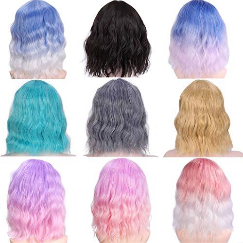 SSJFZM Pink Wig Short Bob Wig With Bangs Cosplay Water Wave Hair Wigs For Women American Style Synthetic Wig 97C Pink 14inches