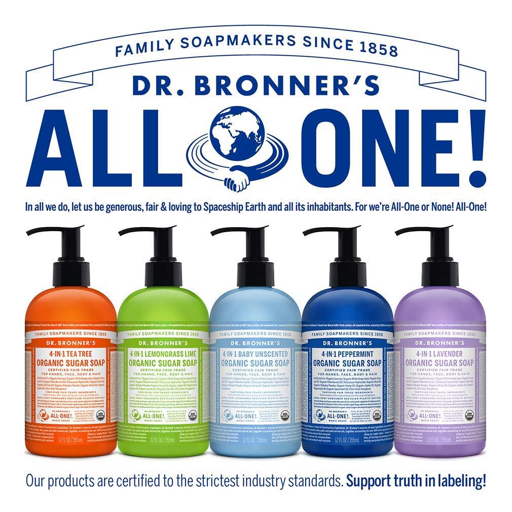 Dr. Bronner's Dr. Bronner\'s - Organic Sugar Soap (12 oz Variety Pack) Lavender, Peppermint, Tea Tree, & Lemongrass - Made with Organic Oils, Sugar & Shikakai Powder, 4-in-1 Use: Hands, Body, Face & Hair | 4 Count