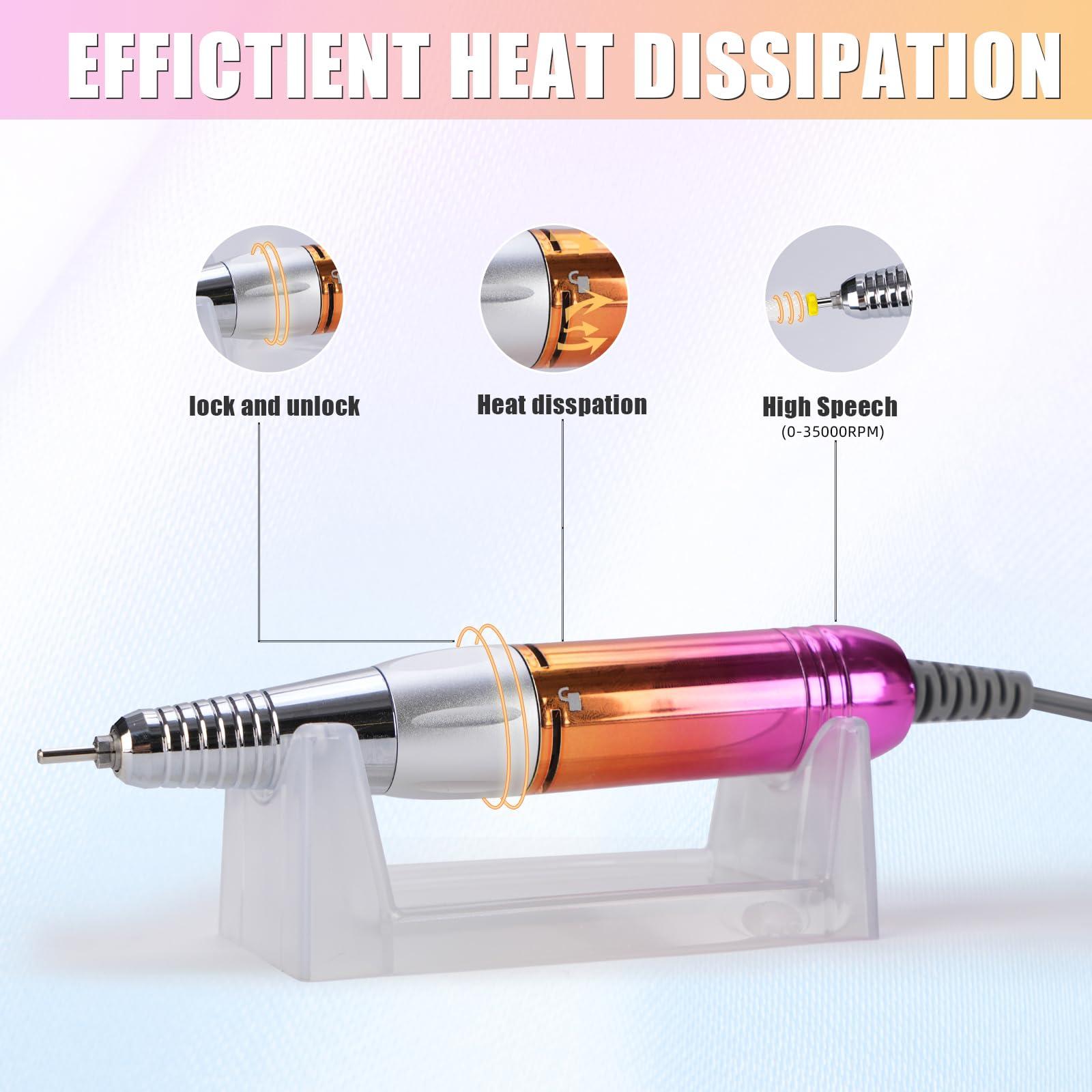 Pourcare Professional Electric Nail Drill Machine for Acrylic Nails, 35000 RPM Electric Nail File Tool Set, Portable E-File Rechargeable Manicure Pedicure Polish Kit for Home Salon Tech (Heart Sunset Gold)