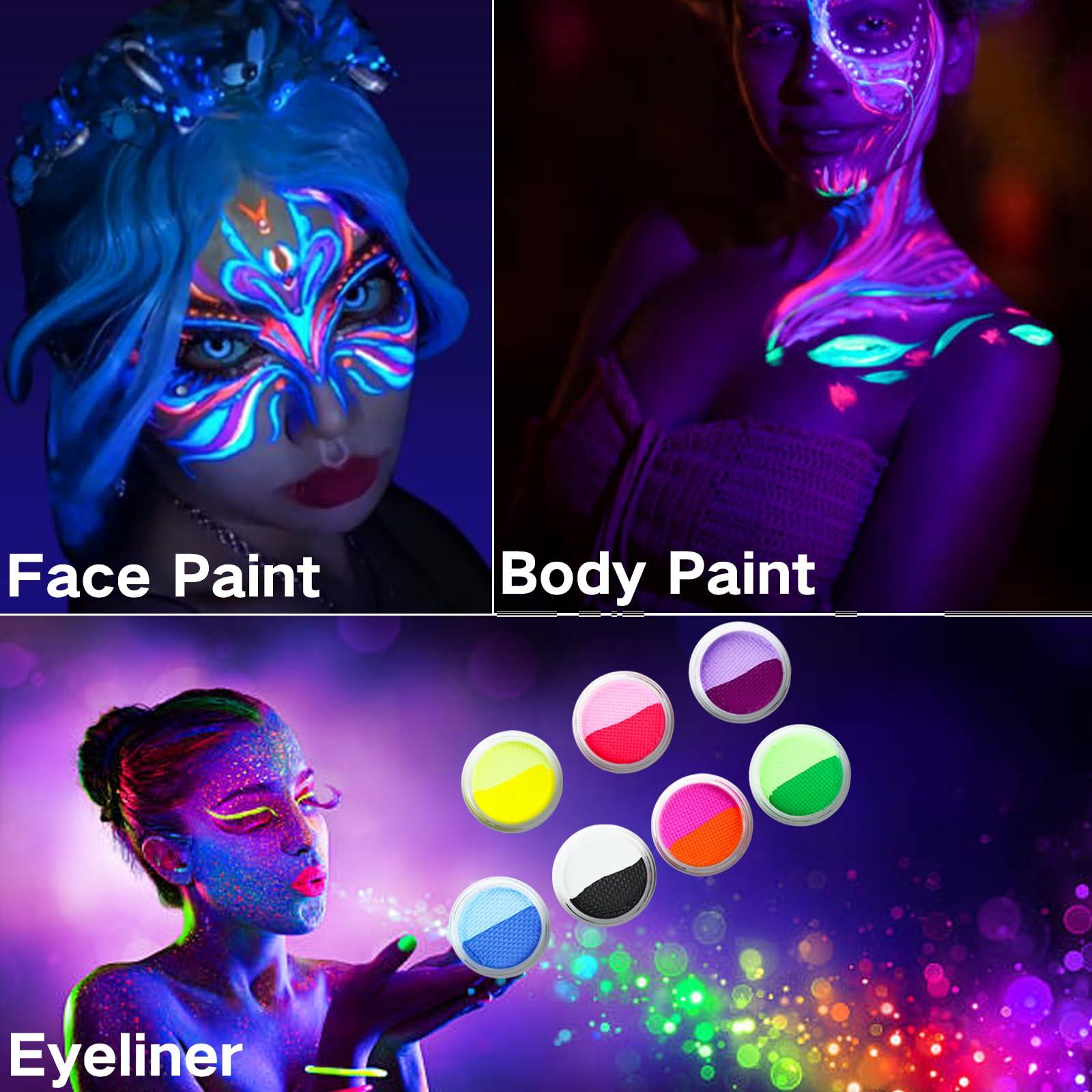 MEICOLY MEICOLY Water Activated Eye Liner 14 Colors,Neon UV Rainbow Face Paint,7 Cakes Duo Color Water Activated Eyeliner,Halloween Hydra Liner,Matte Graphic Eyeliner, Glow Blacklight Black White Body Paint