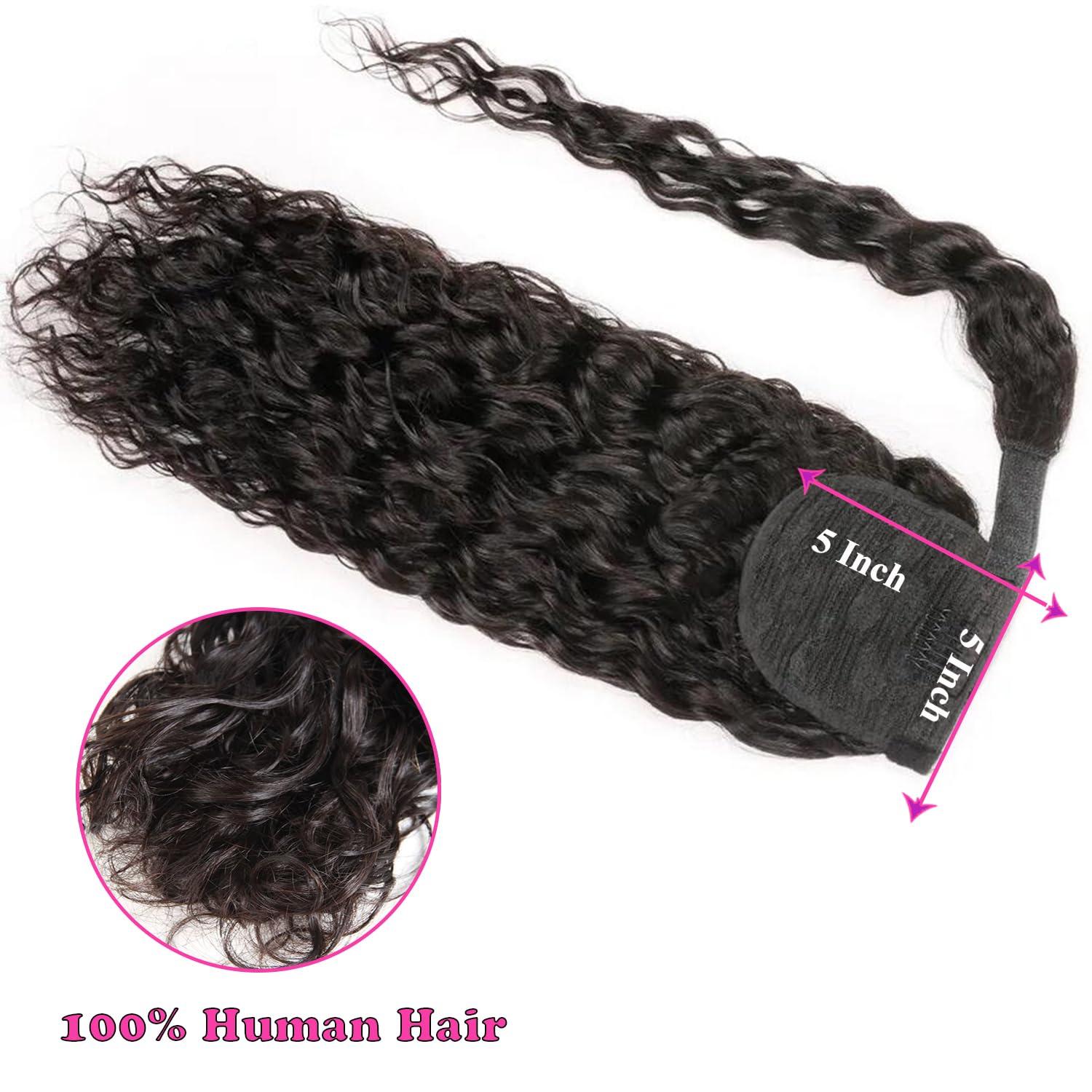 seelaak Seelaak Hair 18 inch Water Wave Ponytail Extensions Human Hair Wrap Around Corn Wave Pony Magic Paste Brazilian Human Hair Extensions for Women Natural Black