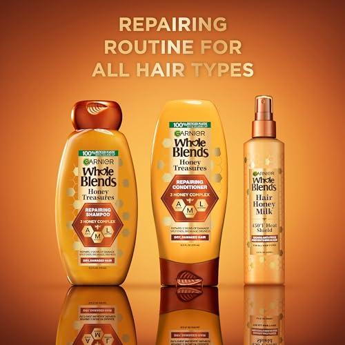Garnier Garnier Whole Blends Honey Treasures Repairing Shampoo (22 Fl Oz), Conditioner (22 Fl Oz) + Hair Honey Milk 450F Heat Protectant Spray (2 Count) (8.5 Fl Oz) (4 Items), Bundle (Packaging May Vary)
