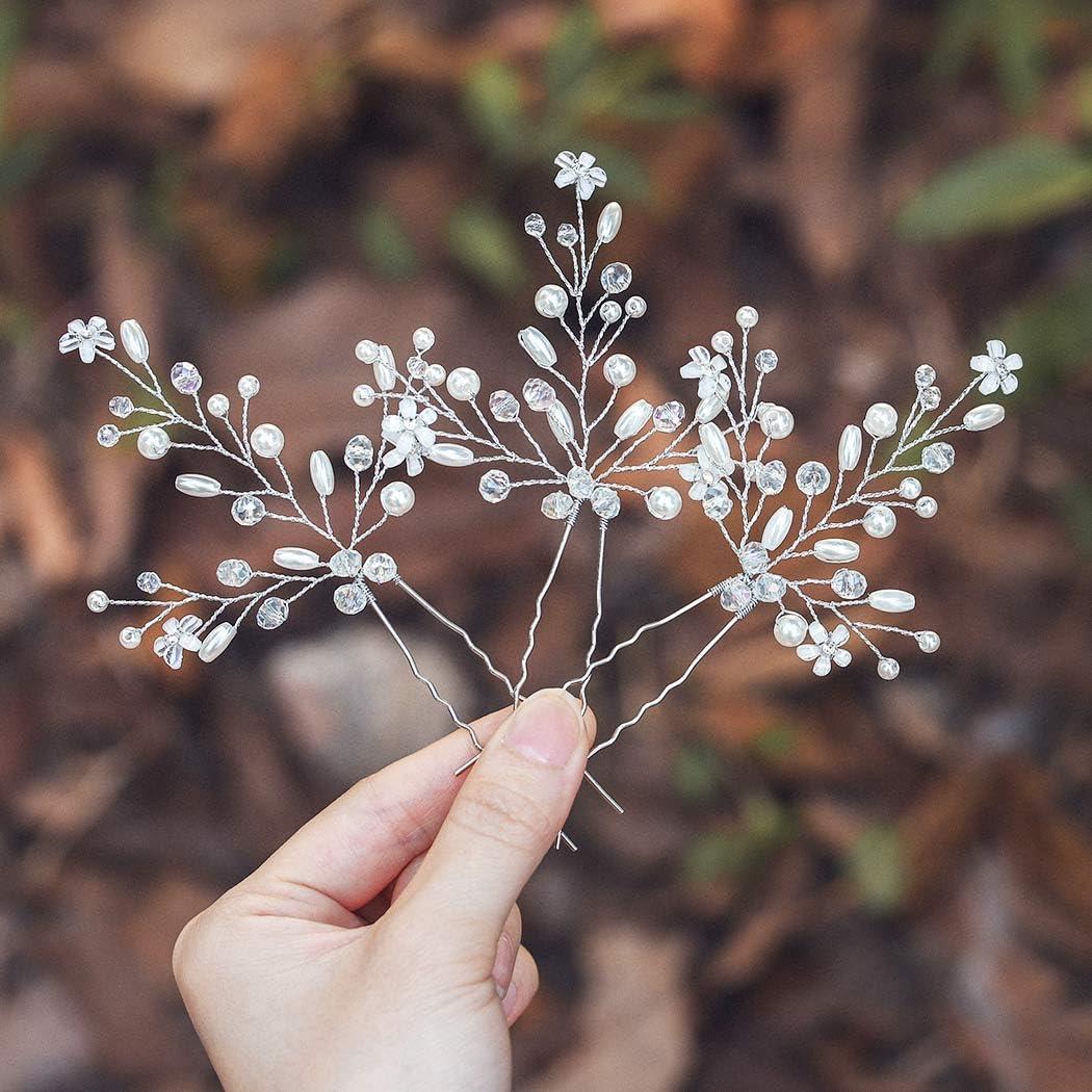 EVILD EVILD Bride Wedding Pearl Hair Pins Sliver Crystal Hair Piece Flower Bridal Hair Accessories for Women(Pack of 3)