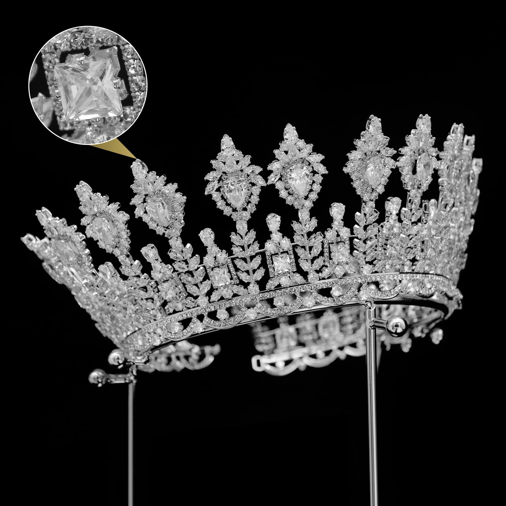 QXMYOO Luxury Round Wedding Crowns for Women Silver Cubic Zirconia Big Queen Tiaras Full Pageant Crowns Hair Accessories for Bride