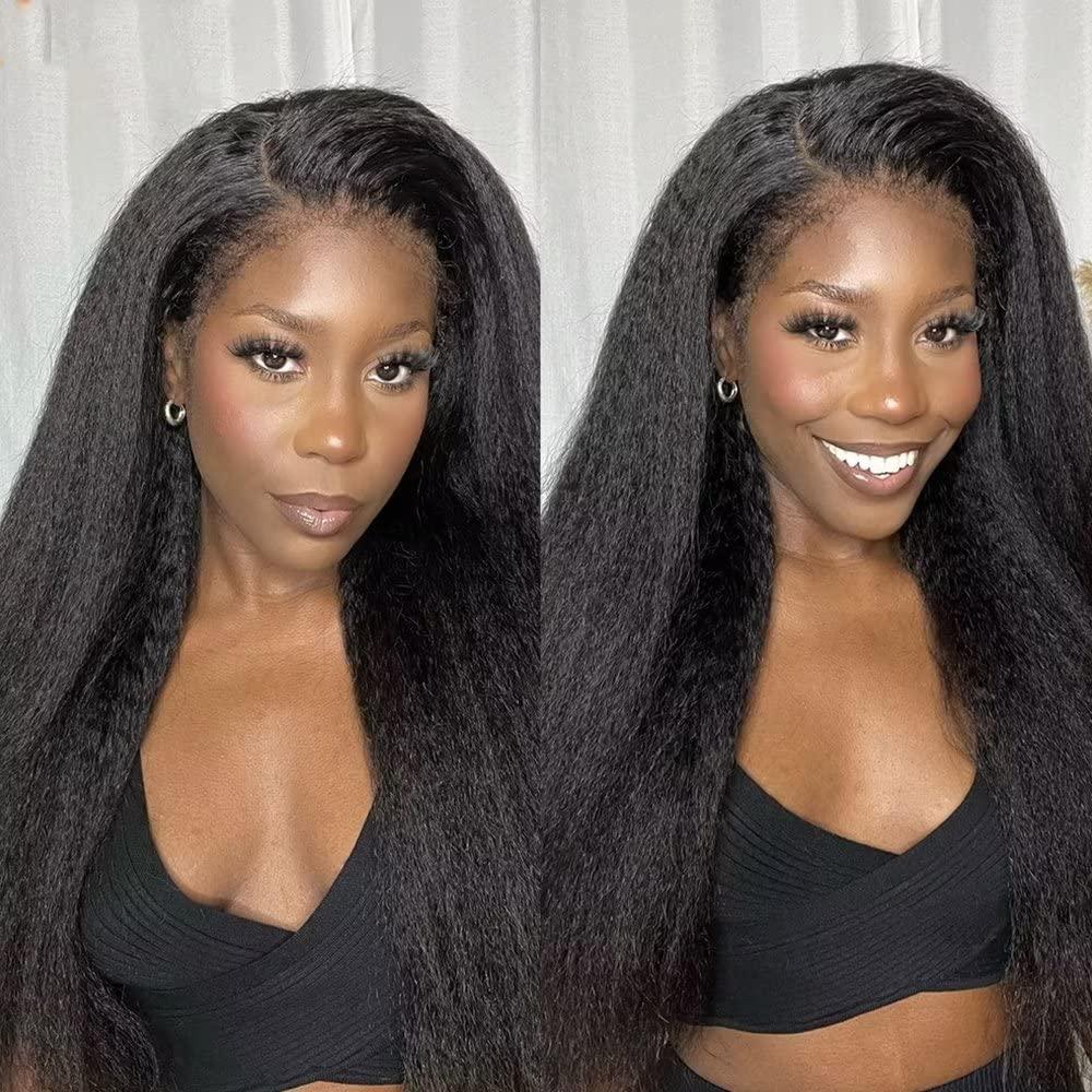 QUINLUX WIGS Curly Baby Hair Kinky Straight Wig 360 HD Invisible Lace Frontal Human Hair Wig Pre Plucked Bleached Knots Kinky Edges Yaki Transparent HD 360 Lace Front Wig Brazilian Full End Glueless Wig 26 inch