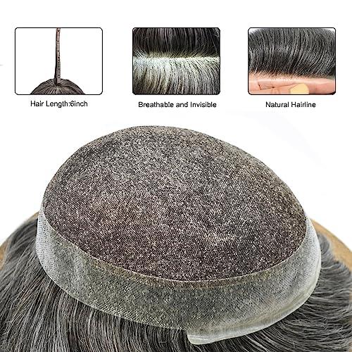 Hair Wonders Toupee for Men Real Human Hair Piece Replacement Systems French Lace Hair Pieces Pu Around Hair Unit for Men Lace Hair System Hair Prosthesis Man8*10\"-120% density#1B50 Off Black + 50% Gray
