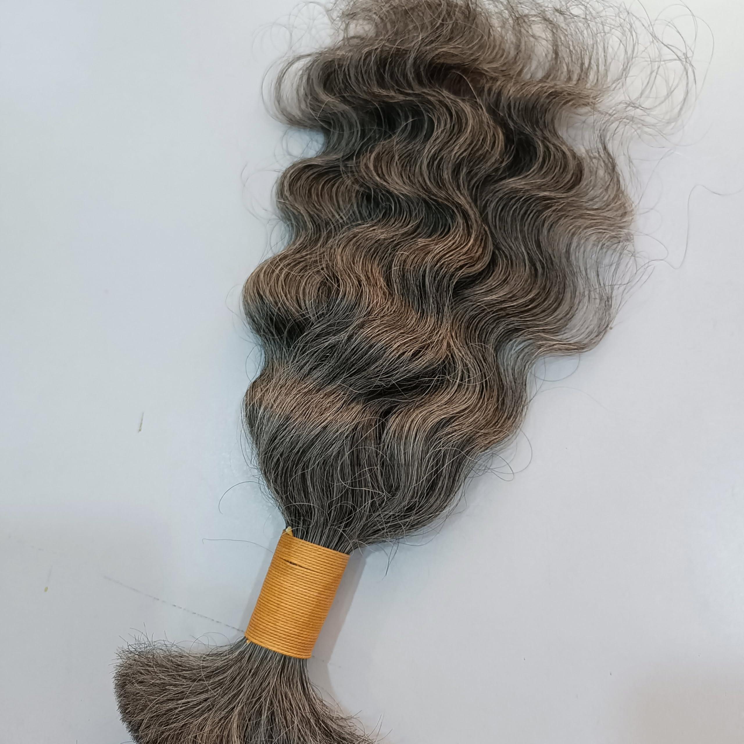 Hat Hair Extensions 100% Natural Raw Unprocessed Hair Extensions (Grey), Indian Grey Braiding Wavy Human Grey Hair Extensions salt and pepper. non-sewn bulk/braid grey salt and pepper human hair. (14 Inches)