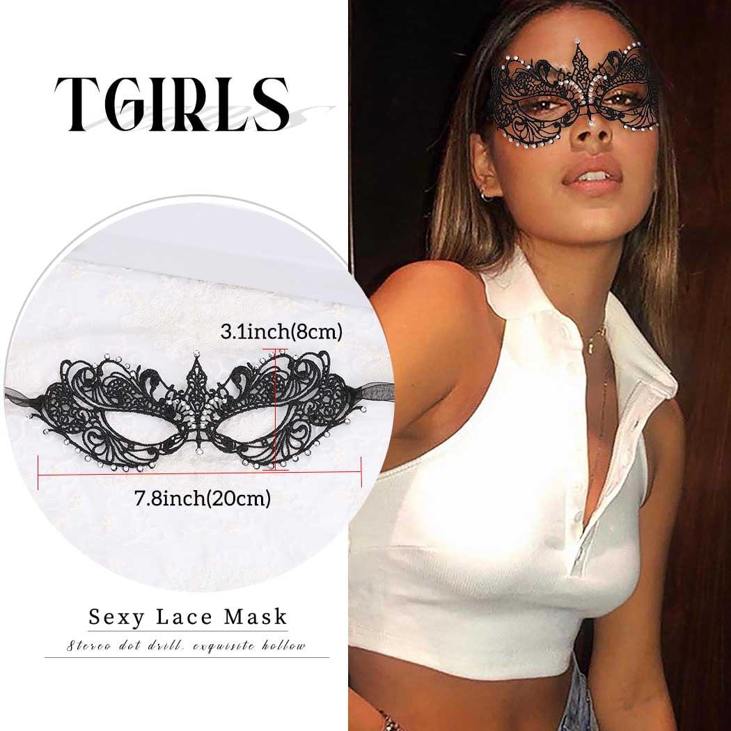 Tgirls Tgirls Lace Mask for Women Rhinestone Sexy Masquerade Masks Costume Party Lace Face Mask Halloween Eye Mask (Black)