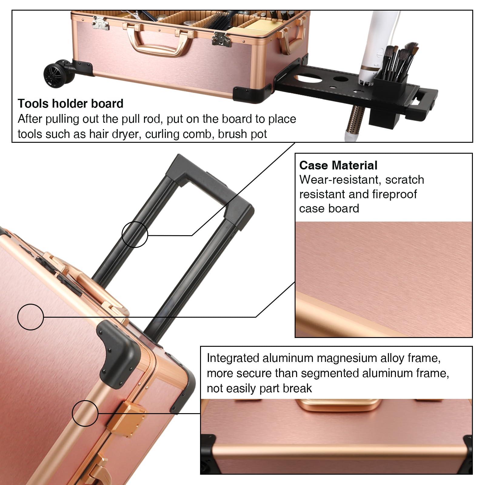 RUKEJUNE RUKEJUNE Rolling Makeup Case with LED Light Mirror Adjustable Legs Lockable Train Table Studio Artist Cosmetic Carry-on Size Rose Gold