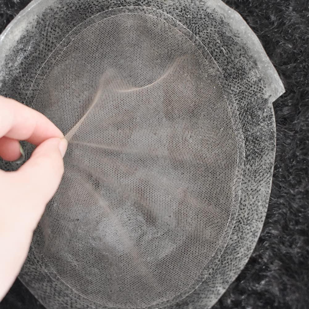 CURVE HAIR Afro Kinky Curly Hair Units For Black Men Toupee Soft Brazilian Human Hair Unit For Men Afro Wave Hair Replacement Systems Natural Looking Afro Toupee For Men (6mm wave, 1B OFF BLACK)