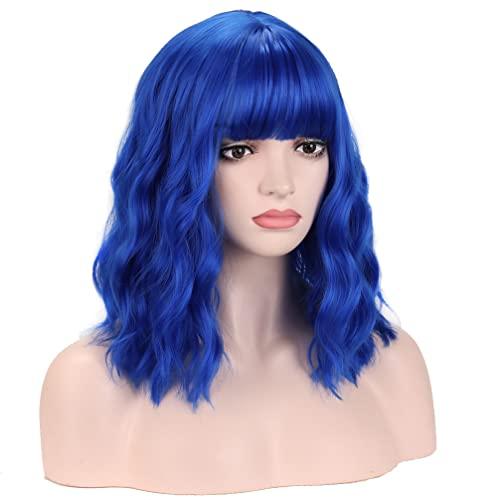 BERON BERON 14 Inches Dark Blue Wig Short Curly Wig Women Girl's Synthetic Wig Blue Wig with Bangs Wig Cap Included