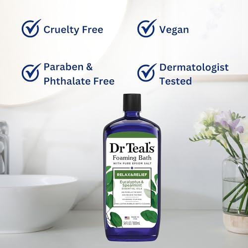 Variety Junction Dr. Teal\'s Eucalyptus and Spearmint Foaming Bath 34oz Bottles (Pack of 2) with Variety Junction Premium Bath Sponge - Relax and Relief, Bubble Bath, Relaxing, Men\'s and Women\'s