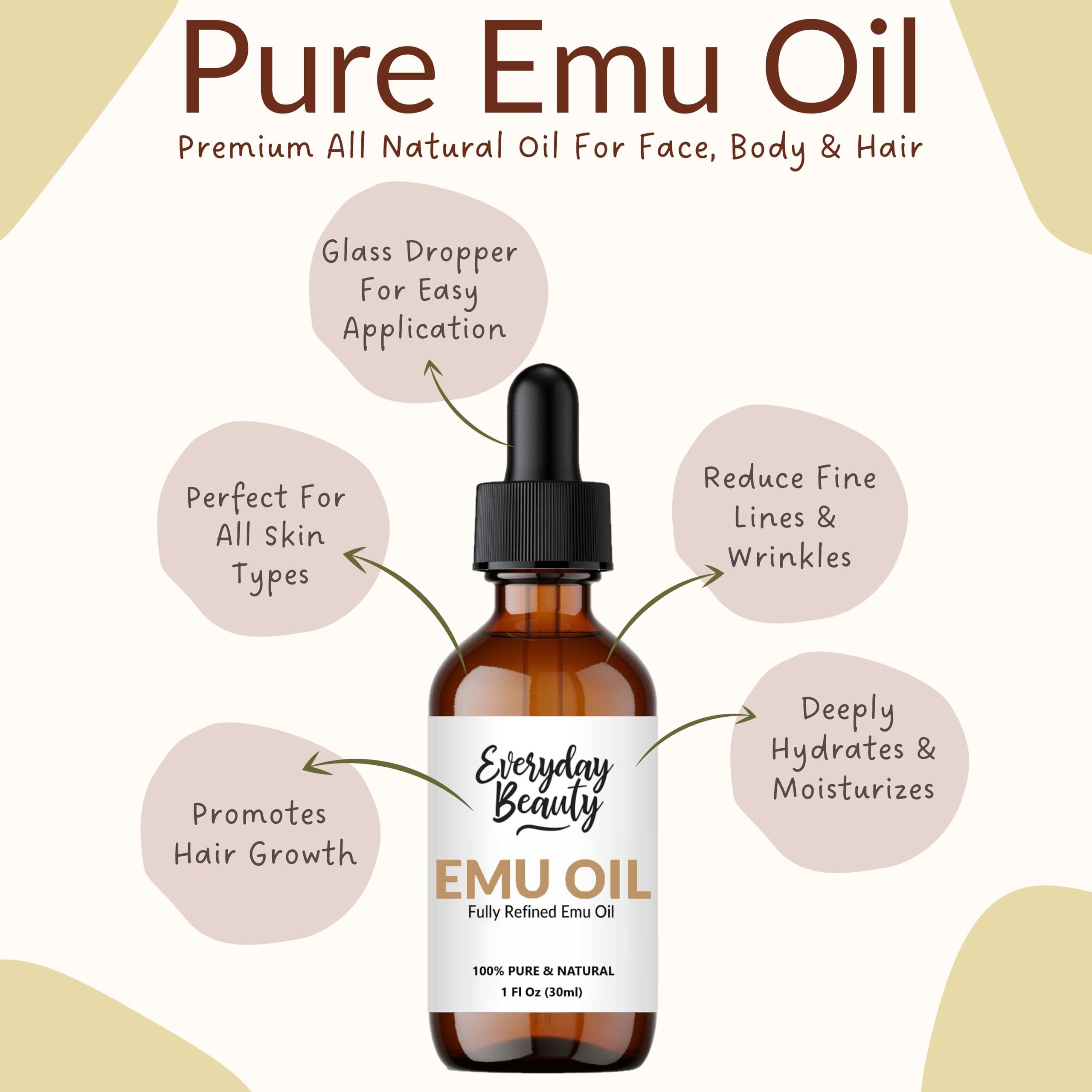 Everyday Beauty Helping You Feel Beautiful Ins Pure Australian Emu Oil - All Natural 6X Refined for Face, Skin and Hair - Highly Effective Hydration for Sensitive Skin & Hair Growth Perfect for Scars & Blemishes - 1 Fl Oz Glass Bottle & Dropper
