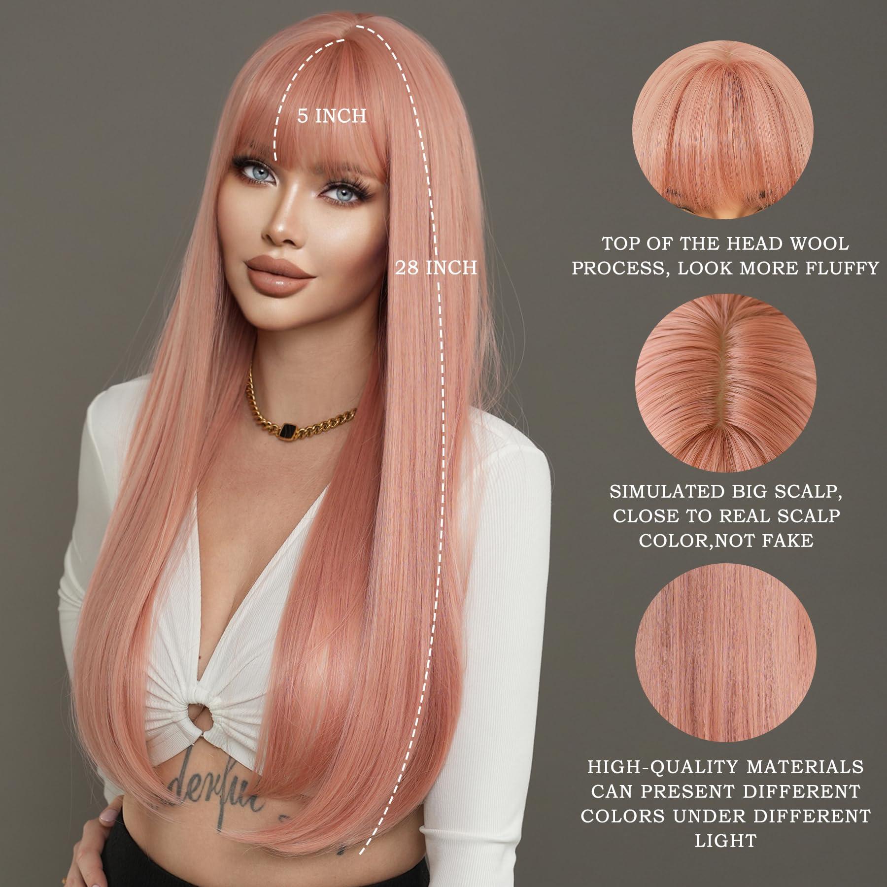 7JHH WIGS 7JHH WIGS Long Straight Light Pink Wig with Bangs 28in Wig with Pale Orange Natural Heat Resistant Fiber Synthetic Wigs for Women Girls Holiday Festival Chrismas Daily Party Used