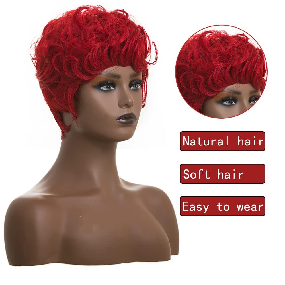 BingSing Red Pixie Wig for Women Natural Wavy Hair Pixie Cut Wigs with Bangs Red Pixie Wig Burgundy Short Red Pixie Wig Short Curly Red Wig for Black Women Synthetic Hair Pixie Cut Wig for Black Women (Red)