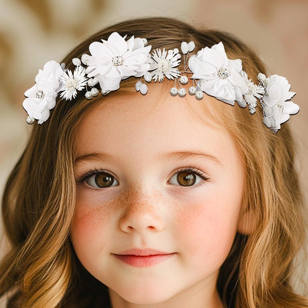 Campsis Campsis Flower Girl Headpiece White Princess Headband Pearl First Communion Hair Bands Wedding Birthday Party Hair Accessories for Women and Girls