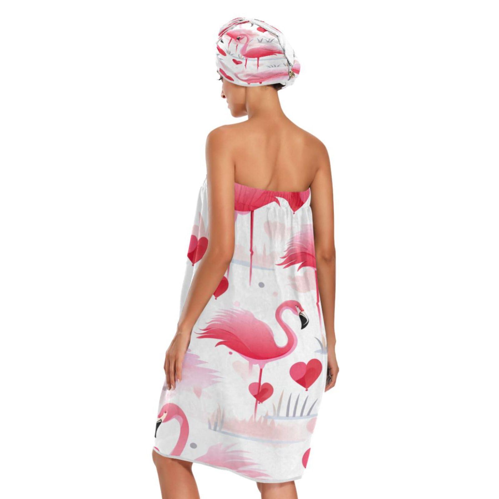 Bulletgxll Bulletgxll Flamingos and Hearts Women's Shower Wrap Towel Set of 3 Adjustable Spa Body Wrap Super Absorbent Bathrobe with Hair Towel & Headband