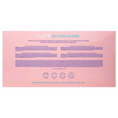 I Love I LOVE Face Time and Chills Face Masks - Facial Mask Self Care Kit - Peel of Mask, Mud Mask, and Cream Mask Selections - Soothing and Hydrating - 4 pc