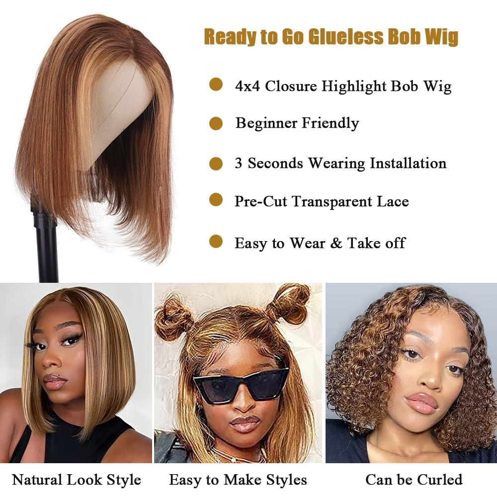 swthebily Put On And Go Glueless Wigs Human Hair Pre Cut Ombre 4/27 Highlight Short Bob Wig Human Hair For Women 180 Density 4x4 Closure Straight HD Lace Front Wigs Human Hair Ready To Wear For Beginners 10inch