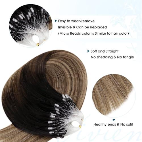 Vivien Vivien Micro Loop Hair Extensions Human Hair Ombre Micro Ring Hair Extensions Real Human Hair Natural Black to Brwon with Ash Blonde Micro Bead Human Hair Extensions 14 Inch 50G/50S