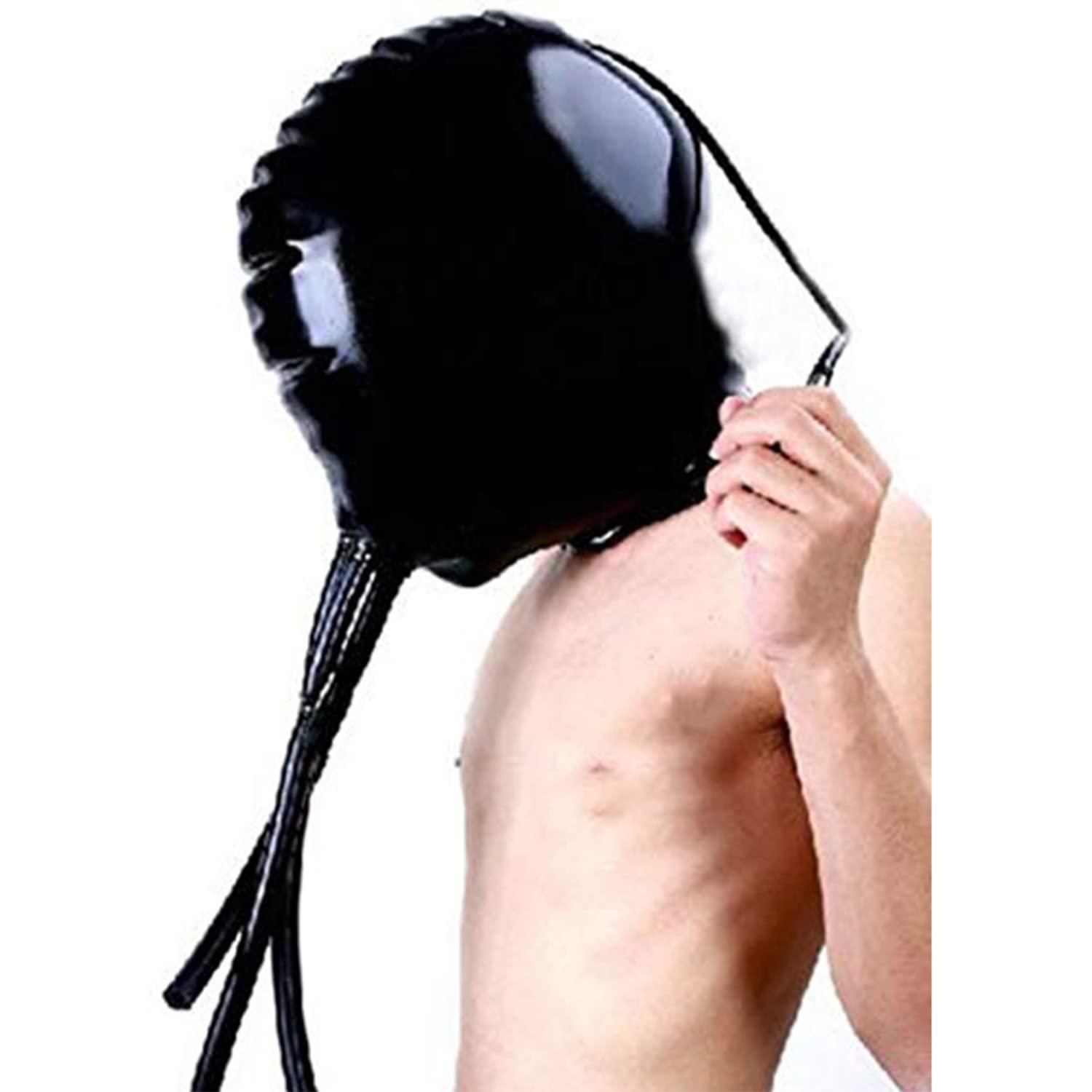 LatexFetish Inflatable Latex Hood with Mouth Nose Tube Double Layer Back Zipper Rubber Mask (Small)