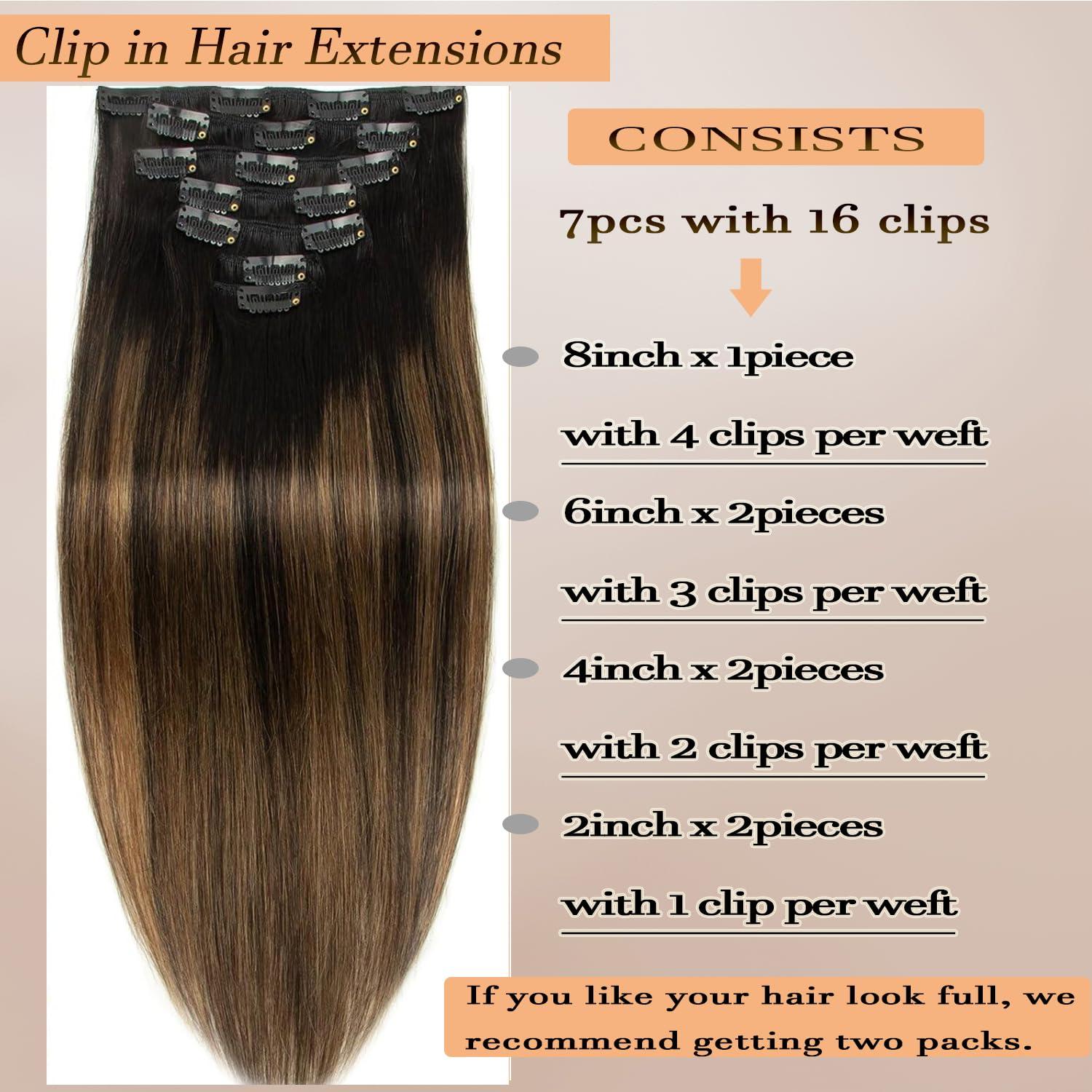 Houlud Highlight Clip in Hair Extensions Real Human Hair 14 Inch 7pcs 120g Brown Black Remy Human Hair Extensions 16 Clips Ins Seamless Double Weft Straight Human Hair Clip In Hair Extensions for Woman