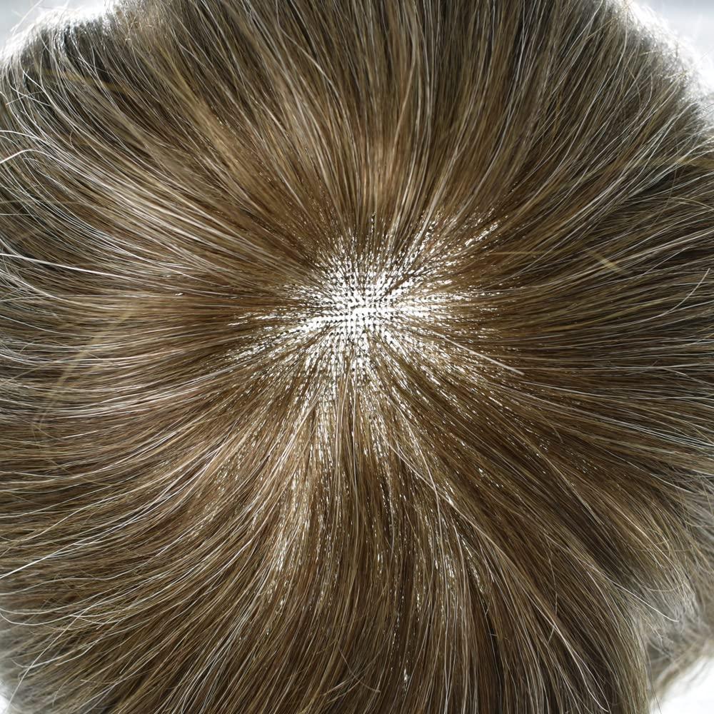 N\\P Men Toupee Human Hair Breathable Lace Toupee For Men Undetectable Hairline Human Hair System Comfortable Men Hair Piece Toupee For Men Gray Blonde Hair (6\'\'x9\'\', #720 #7 Very Light Brown With 20% Synthetic Grey-110% Light To Medium Density)