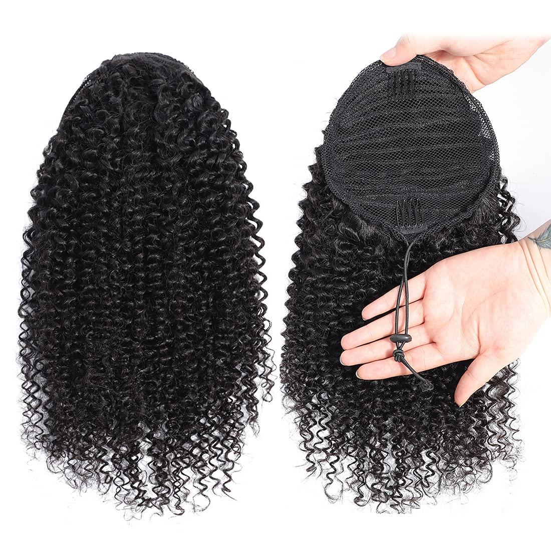 R RACILY HAIR Curly Human Hair Ponytail with Wrap Drawstring 3C Brazilian Hair Weave Natural Color Afro Kinky Curly Hair Piece Clip-in Extensions Hair Pieces for Women (24 Inch, Curly)