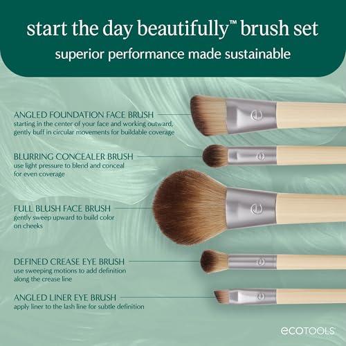 EcoTools EcoTools Makeup Brush Set for Eyeshadow, Foundation, Blush, and Concealer with Bonus Storage Case, Start the Day Beautifully, Travel Friendly, 6 Piece Set