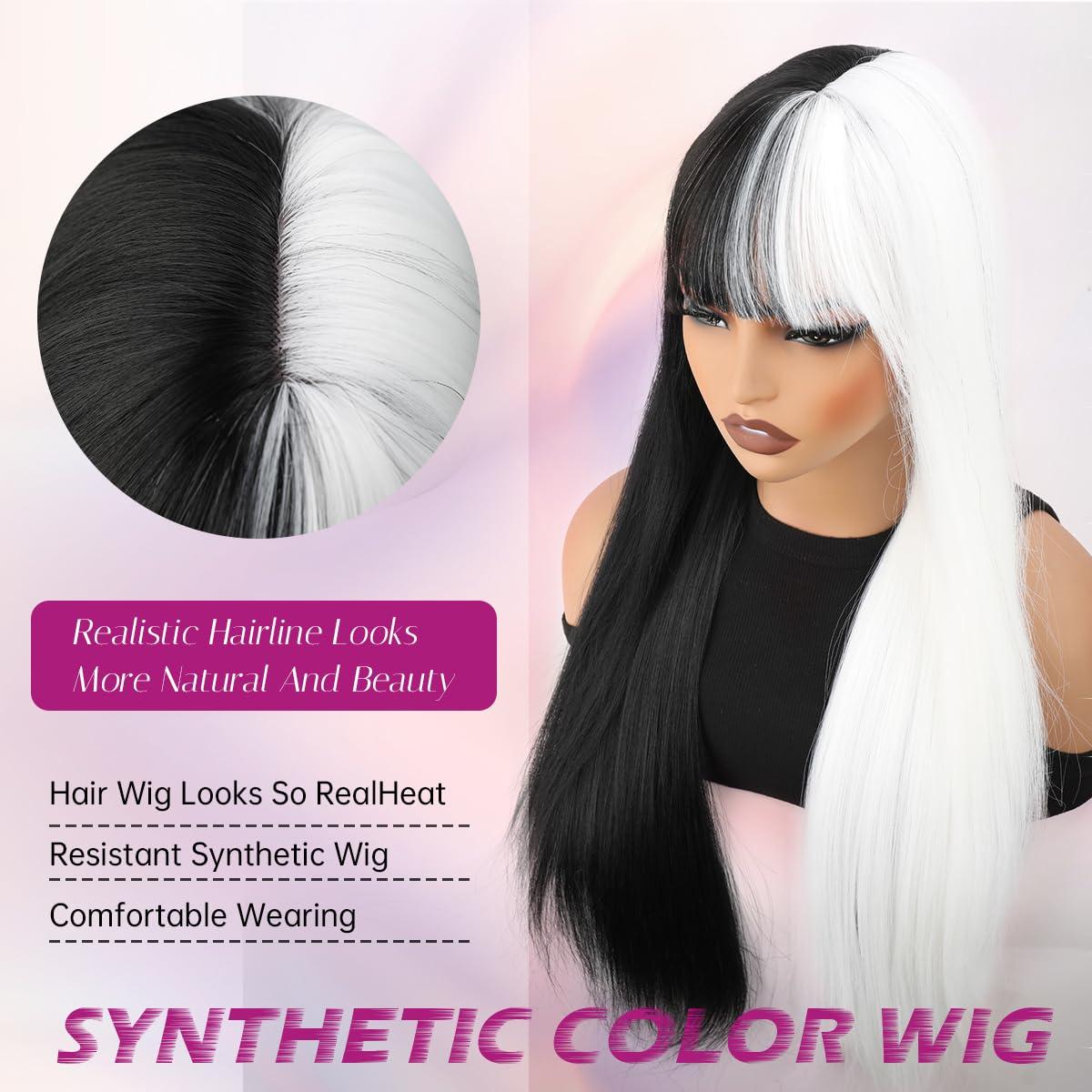forfeels forfeels Synthetic Wig Black And White Wig For Women 28 Inches Cosplay Wig Heat Resistant Synthetic Wig With Bangs Straight Synthetic Hair For Halloween